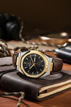 London Fog Analog Quartz Watch for Men with Black Round Dial, Day-Date Display, Hands and Hour Markers and Brown Leather Strap - LFM10023-02
