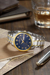 London Fog Analog Quartz Watch for Men with Blue Textured Round Dial, Day-Date Display, Roman Numeral and Crystal-Accent Hour Markers, Two-Tone Silver & Gold Stainless Steel Bracelet - LFM10017-55