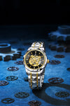 London Fog Berkeley Collection Automatic Mechanical Skeleton Watch for Men – Two-Tone Silver & Gold Strap , Faceted Crystal Bezel, Black Skeleton Dial, British Design Wristwatch - LFM10025-11