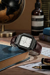 London Fog Analog Quartz Watch for Men with White Textured Square Dial, Day-Date Display, Luminous Hands and Hour Markers and Brown Leather Strap - LFM10019-03