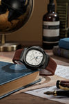 London Fog Analog Quartz Watch for Men with White Textured Cushion-Shaped Dial, Date Display, 24-Hour Day-Night Indicator, Luminous Hands & Hour Markers and Brown Silicone Strap - LFM10018-03