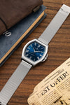 London Fog Notting Hill Collection Analog Watch for Men with Tonneau Blue Dial, Roman Numeral Markers, Quartz Movement and Silver Stainless Steel Mesh Strap - LFM10012-55