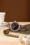 London Fog Analog Quartz Watch for Women with Black Round Dial, Roman Numeral Hour Markers, Crystal-Studded Bezel and Brown Leather Strap - LFW20007-05