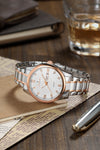 London Fog Analog Quartz Watch for Men with White Textured Round Dial, Day-Date Display, Roman Numeral and Crystal-Accent Hour Markers, Two-Tone Silver & Rose Gold Stainless Steel Bracelet - LFM10017-33