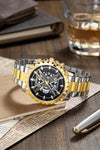 London Fog Analog Quartz Watch for Men with Black Round Skeleton-Style Dial, Textured Bezel, Luminous Hands and Markers, Date Display, Silver & Gold Two-Tone Stainless Steel Bracelet - LFM10016-44