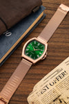 London Fog Notting Hill Collection Analog Watch for Men with Tonneau Green Dial, Roman Numeral Markers, Quartz Movement and Rose Gold Stainless Steel Mesh Strap - LFM10012-33