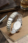 London Fog Analog Quartz Watch for Men with Blue Textured Round Dial, Day-Date Display, Roman Numeral and Crystal-Accent Hour Markers, Two-Tone Silver & Gold Stainless Steel Bracelet - LFM10017-55