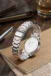 London Fog Analog Quartz Watch for Men with White Textured Round Dial, Day-Date Display, Roman Numeral and Crystal-Accent Hour Markers, Two-Tone Silver & Rose Gold Stainless Steel Bracelet - LFM10017-33
