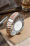 London Fog Analog Quartz Watch for Men with Silver Round Skeleton-Style Dial, Textured Bezel, Luminous Hands and Markers, Date Display, Silver & Rose Gold Two-Tone Stainless Steel Bracelet - LFM10016-33