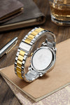 London Fog Analog Quartz Watch for Men with Black Round Skeleton-Style Dial, Textured Bezel, Luminous Hands and Markers, Date Display, Silver & Gold Two-Tone Stainless Steel Bracelet - LFM10016-44