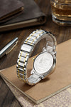 London Fog Analog Quartz Watch for Men with White Textured Round Dial, Day-Date Display, Roman Numeral and Crystal-Accent Hour Markers, Two-Tone Silver & Gold Stainless Steel Bracelet - LFM10017-22