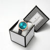 London Fog Analog Quartz Watch for Women with Turquoise Blue Round Dial, Roman Numeral Hour Markers, Crystal-Studded Bezel and Black Leather Strap - LFW20007-01