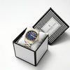 London Fog Analog Quartz Watch for Men with Blue Textured Round Dial, Day-Date Display, Roman Numeral and Crystal-Accent Hour Markers, Two-Tone Silver & Gold Stainless Steel Bracelet - LFM10017-55