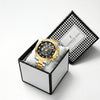 London Fog Analog Quartz Watch for Men with Black Round Skeleton-Style Dial, Textured Bezel, Luminous Hands and Markers, Date Display, Silver & Gold Two-Tone Stainless Steel Bracelet - LFM10016-44
