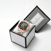 London Fog Analog Quartz Watch for Men with Black Round Skeleton-Style Dial, Textured Bezel, Luminous Hands and Markers, Date Display, Silver & Rose Gold Two-Tone Stainless Steel Bracelet - LFM10016-22